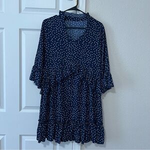 EUC Women’s Navy Blue 3/4 Sleeve Polka Dot Dress with Ruffle Details - medium